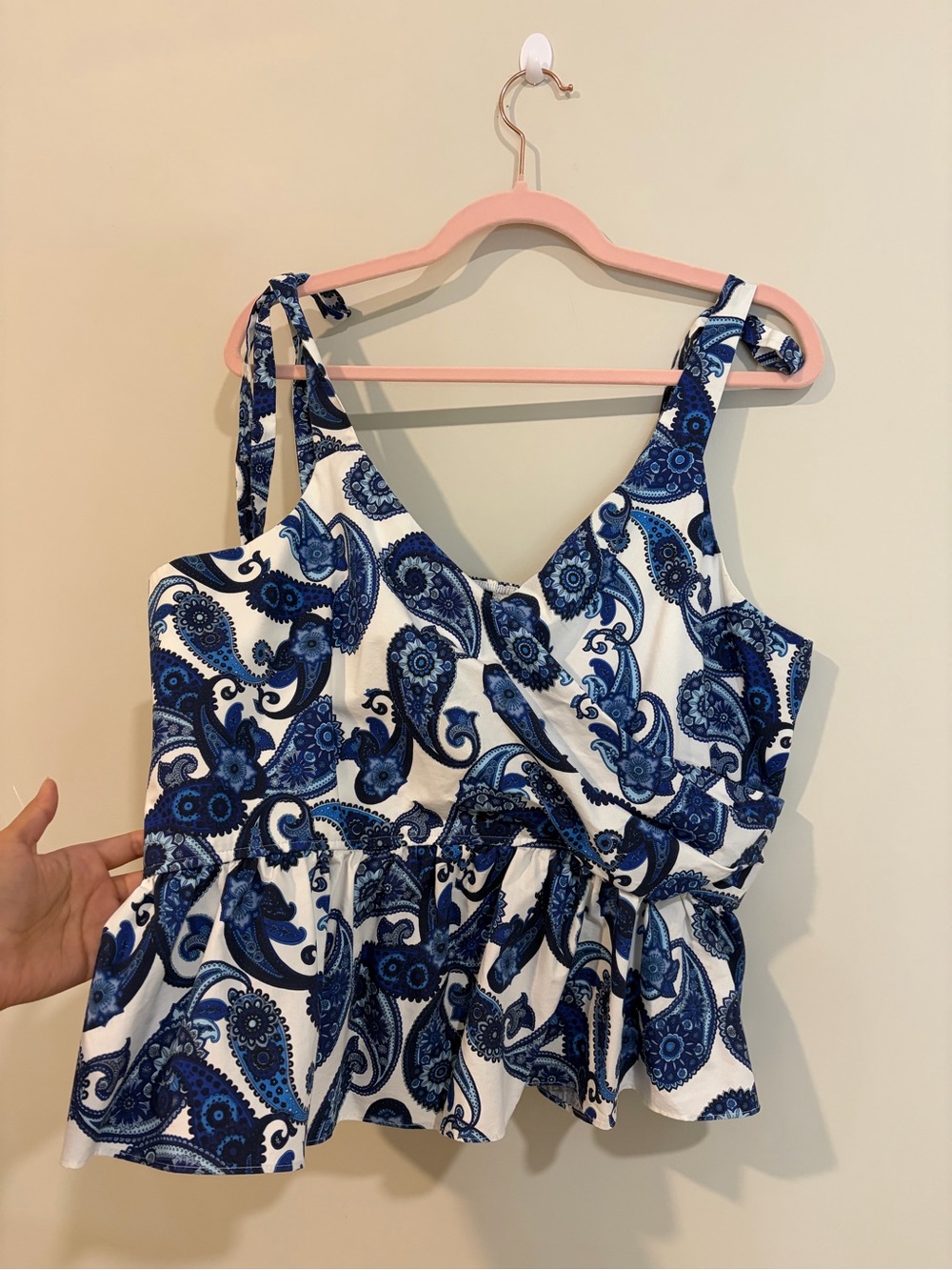 Blue & White Paisley Tie-Shoulder Peplum Top - XL